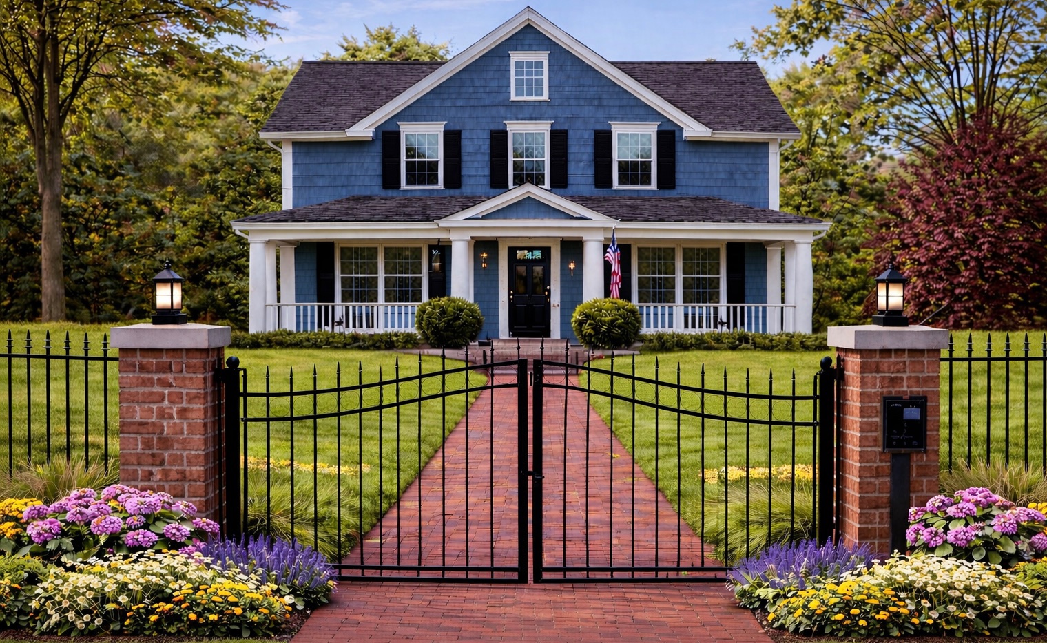 Beautiful residential gate with brick pillars and landscaping in Jackson, GA